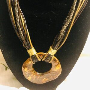 CHICOS BOHO DONUT PENDANT WITH MULTI-STRAND CORD COLLAR NECKLACE